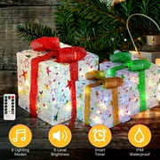 Moclever Set of 3 Christmas Lighted Gift Boxes, 50 LED Christmas Box Decorations with Ribbon Bows IP44 Waterproof Battery Powered for Indoor Outdoor Decor, Silver